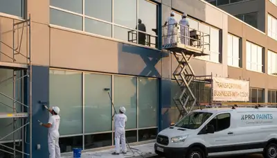 Professional commercial painters finishing office exterior in Royal Oak, MI