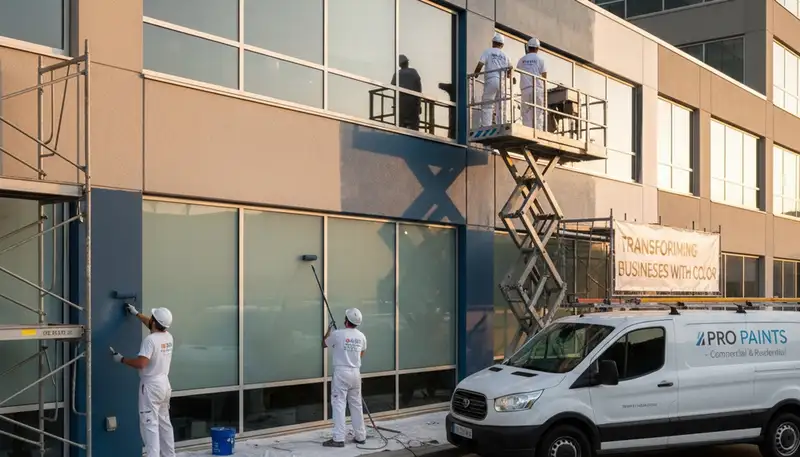 Professional commercial painters finishing office exterior in Royal Oak, MI