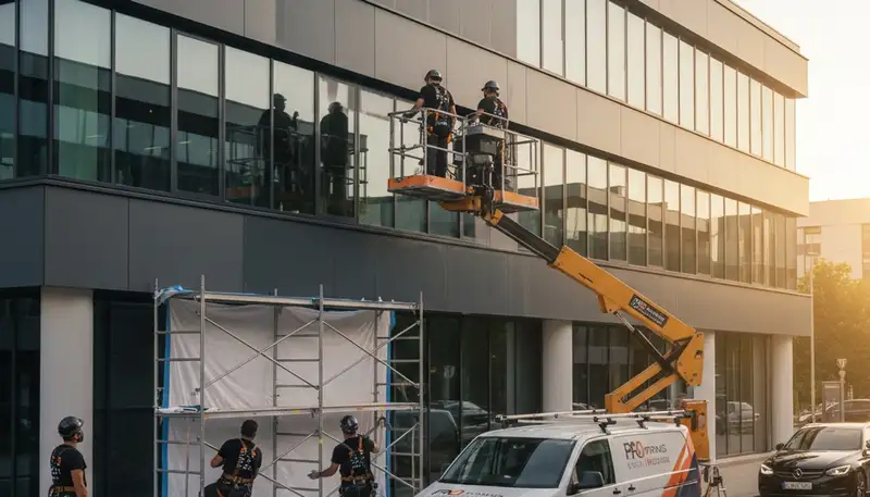 Professional commercial painters finishing office exterior in Royal Oak, MI