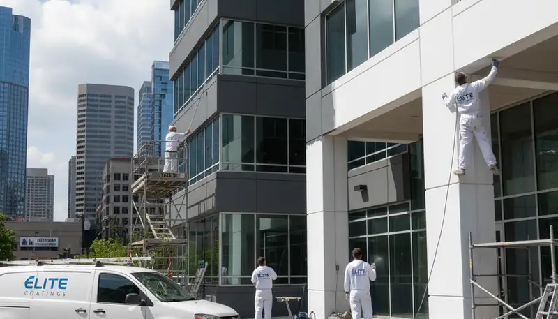 Professional commercial painters working on office exterior in Royal Oak, MI