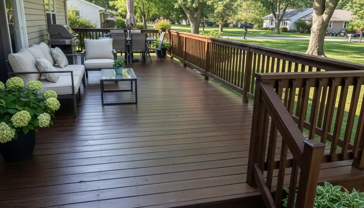 Finished deck staining in Royal Oak MI showcasing restored wood and weather-protected outdoor surface