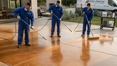 Professional concrete staining on residential garage floor in Royal Oak, MI by expert painters
