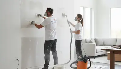 Technician performing drywall repair and wall painting in a Royal Oak, MI home interior