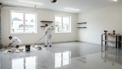 Epoxy floor coating in Royal Oak MI garage by professional house painters for durable surface protection