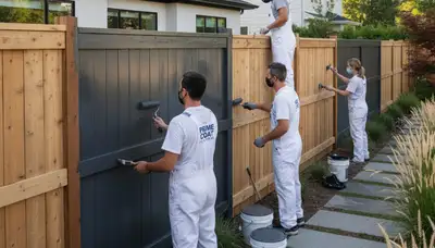 Professional fence painters applying weatherproof coating in Royal Oak, MI backyard