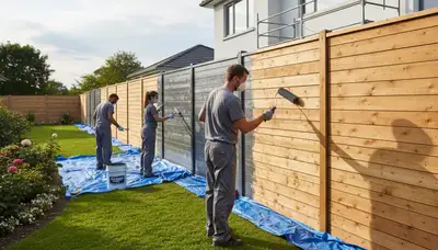 Professional fence painters coating wooden fence in Royal Oak, MI for long-lasting weather protection