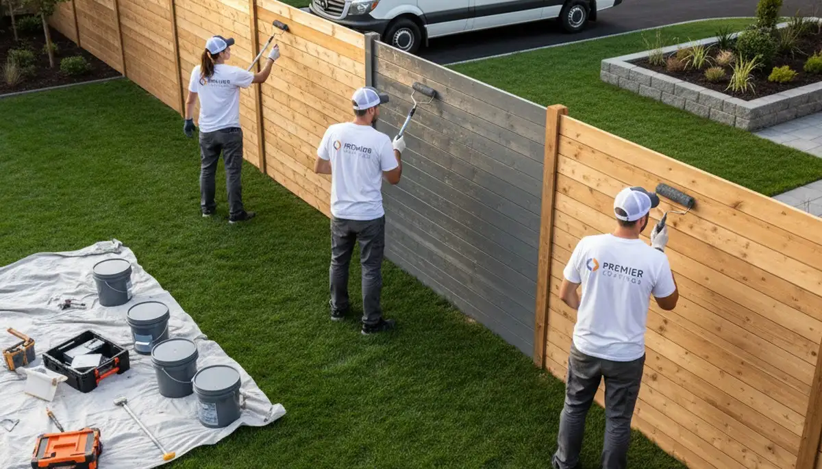 Professional fence painting in Royal Oak, MI showing freshly coated wooden fence by expert painters