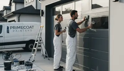 Professional painters refinishing a residential garage door in Royal Oak, MI for durable, curb-appeal results