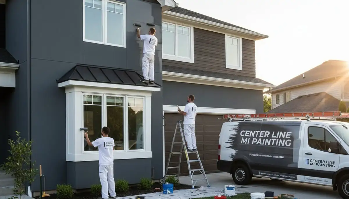 Professional house painters working on Royal Oak MI home exterior repainting project