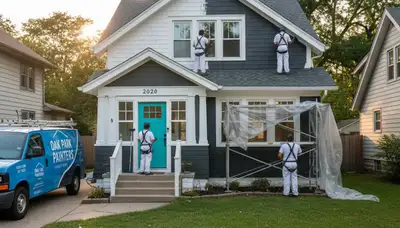 Professional house painters working on a residential exterior in Royal Oak, MI
