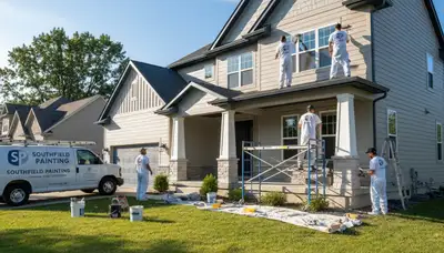 Professional house painters working on residential exterior in Royal Oak, MI