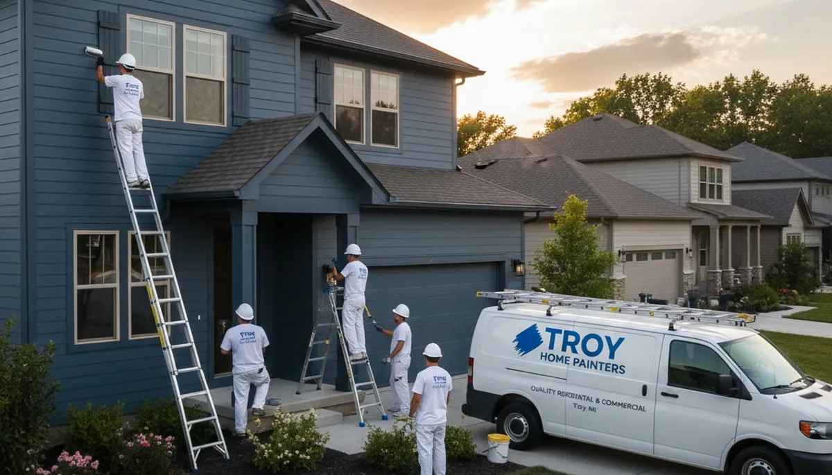 Professional house painters working on residential exterior in Royal Oak, MI