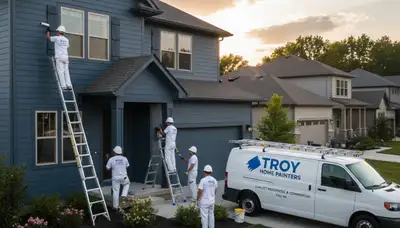 Professional house painters working on residential exterior in Royal Oak, MI