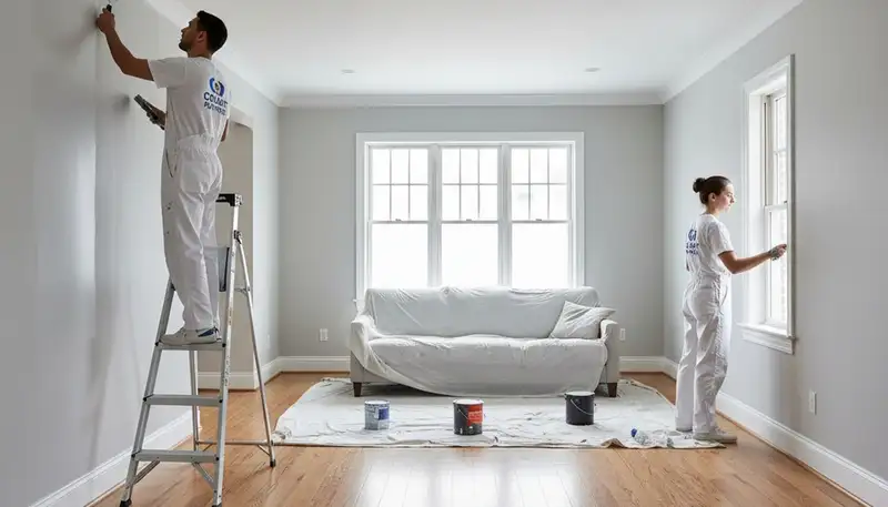 Professional interior house painters working in a Royal Oak, MI living room with fresh wall color